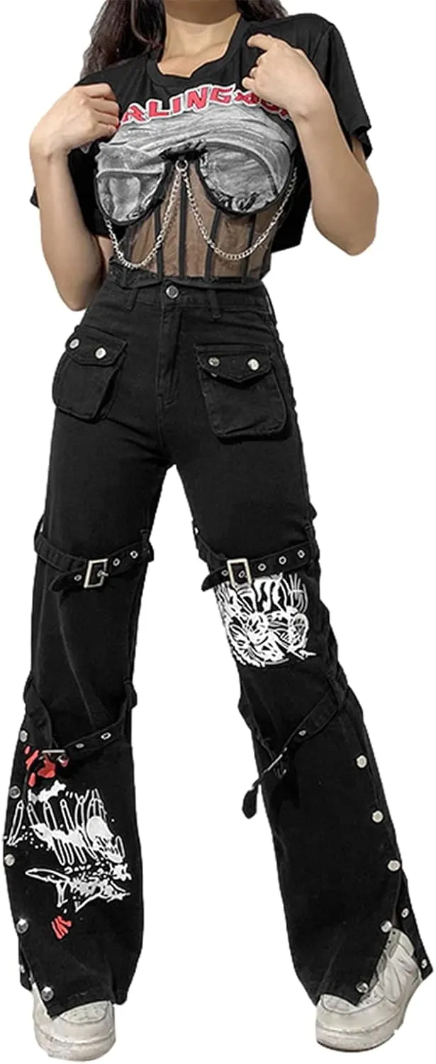 Baggy Jeans for Women Harajuku Graphic Print Cargo Jeans Wide Straight Leg Denim Pants Vintage Streetwear