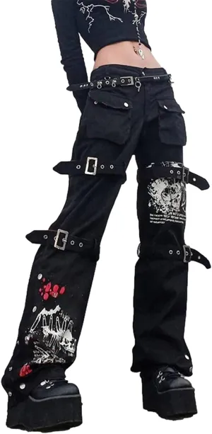 Baggy Jeans for Women Harajuku Graphic Print Cargo Jeans Wide Straight Leg Denim Pants Vintage Streetwear