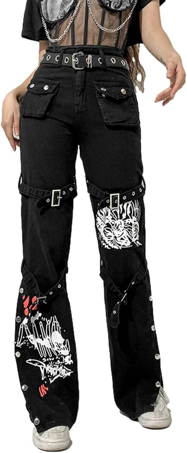 Baggy Jeans for Women Harajuku Graphic Print Cargo Jeans Wide Straight Leg Denim Pants Vintage Streetwear
