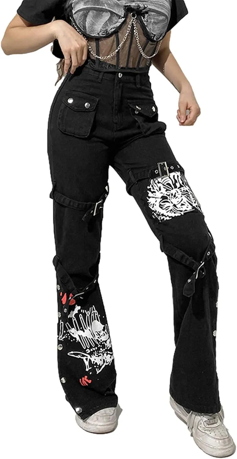 Baggy Jeans for Women Harajuku Graphic Print Cargo Jeans Wide Straight Leg Denim Pants Vintage Streetwear