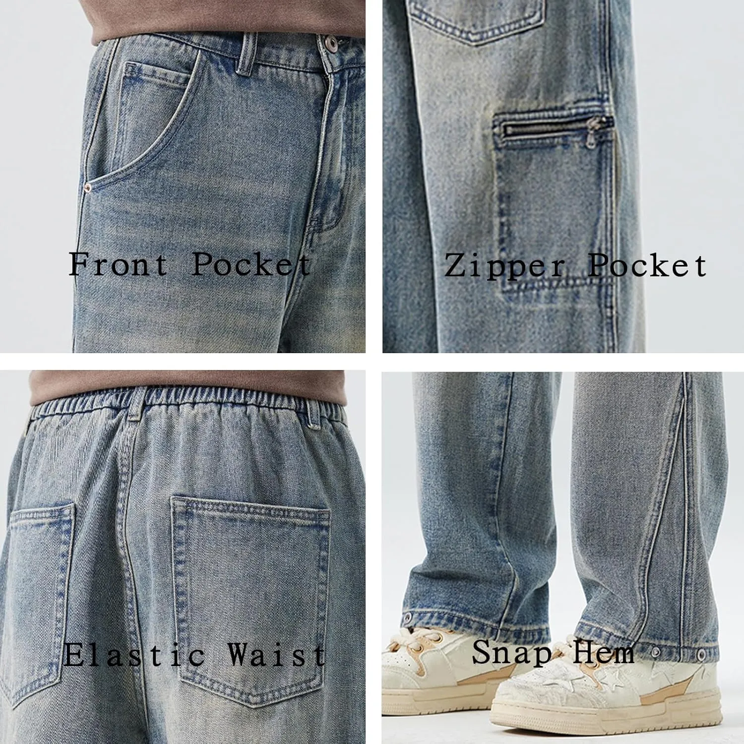 Baggy Jeans Men Elastic Waist Loose Fit Vintage 90s Denim Pants Y2k Hip Hop Straight Leg Skater Jeans Streetwear