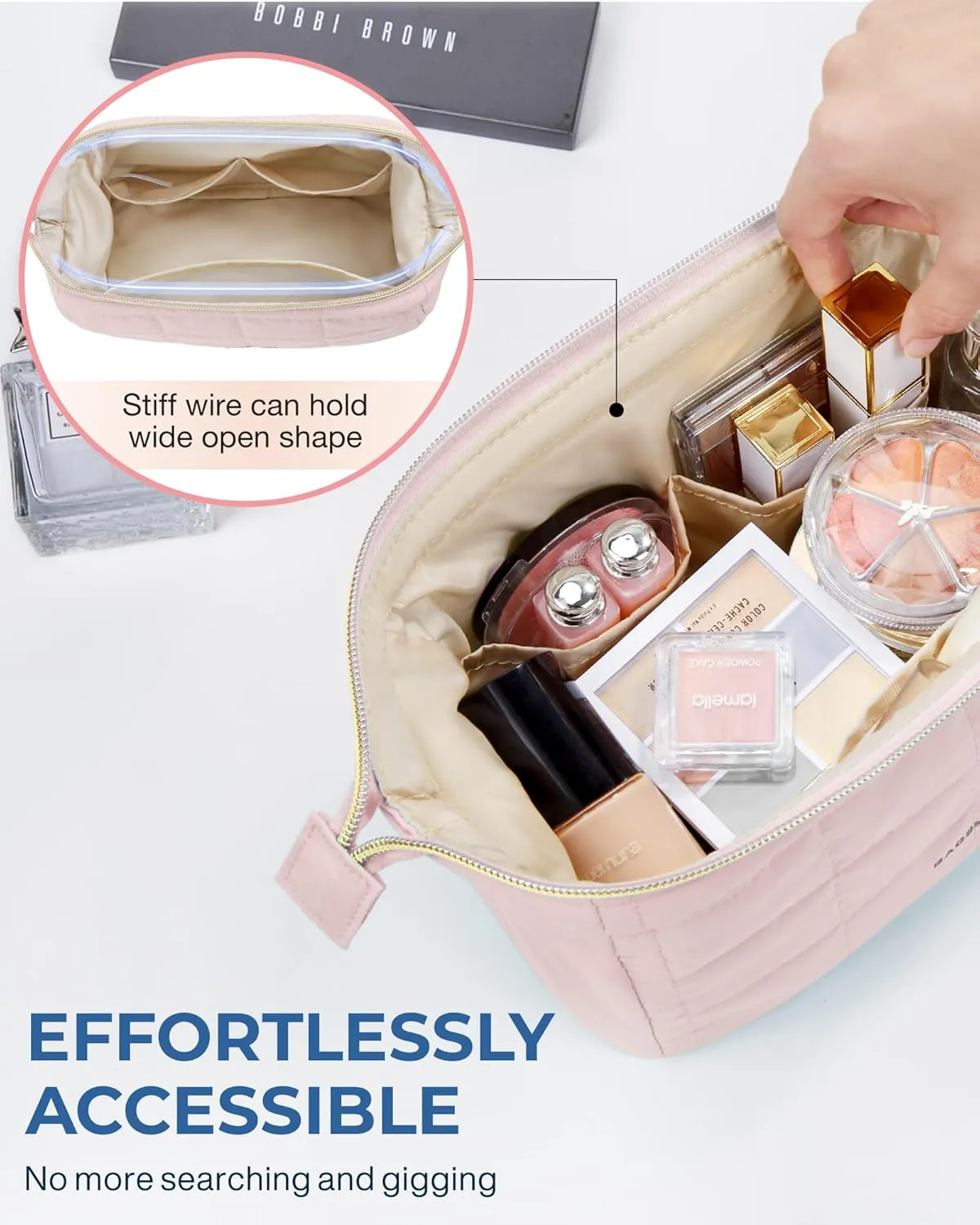 BAGSMART Makeup Bag Travel Cosmetic Bag, Puffy Padded Make Up Bags for Women Makeup Organizer Case, Wide-open Pouch Purse Travel Essentials Toiletries Accessories Brushes, Mossy Green