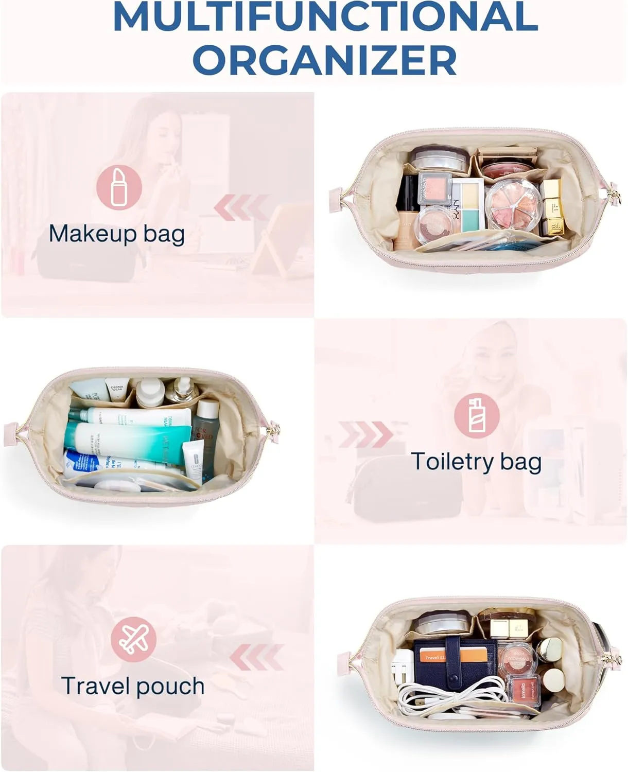 BAGSMART Makeup Bag Travel Cosmetic Bag, Puffy Padded Make Up Bags for Women Makeup Organizer Case, Wide-open Pouch Purse Travel Essentials Toiletries Accessories Brushes, Mossy Green