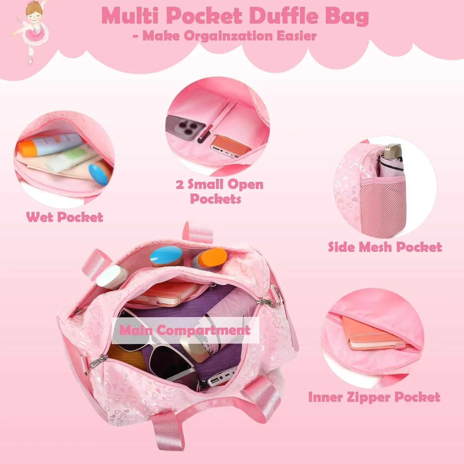 Ballet Bags for Little Girls, Pink Soft Plush with Plush Pendant Ballet Bag Gymnastics Sport Bag Overnight Travel Sleepover Bags with Wet and Dry for Kids Girls