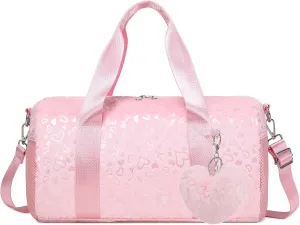 Ballet Bags for Little Girls, Pink Soft Plush with Plush Pendant Ballet Bag Gymnastics Sport Bag Overnight Travel Sleepover Bags with Wet and Dry for Kids Girls