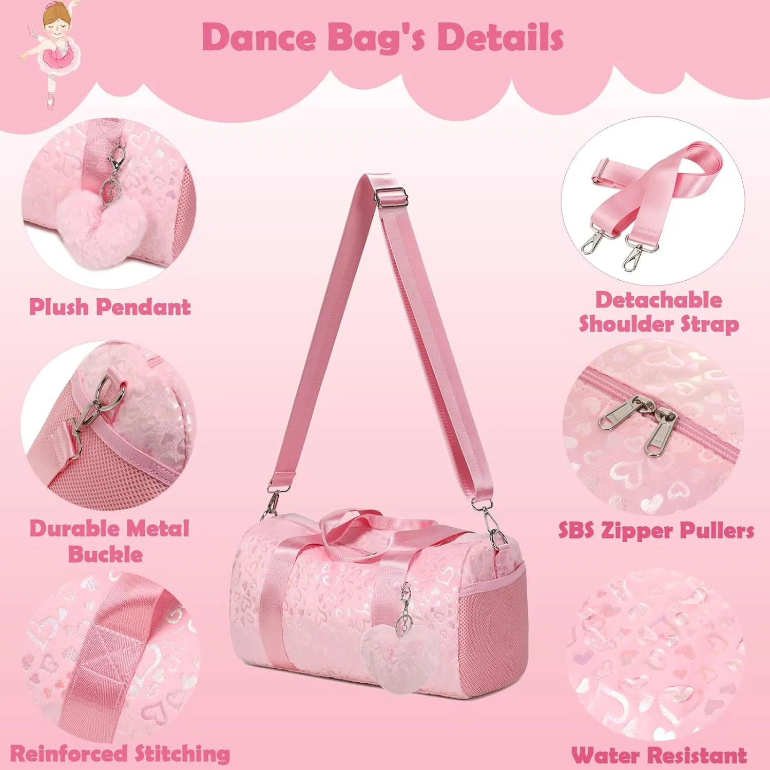 Ballet Bags for Little Girls, Pink Soft Plush with Plush Pendant Ballet Bag Gymnastics Sport Bag Overnight Travel Sleepover Bags with Wet and Dry for Kids Girls