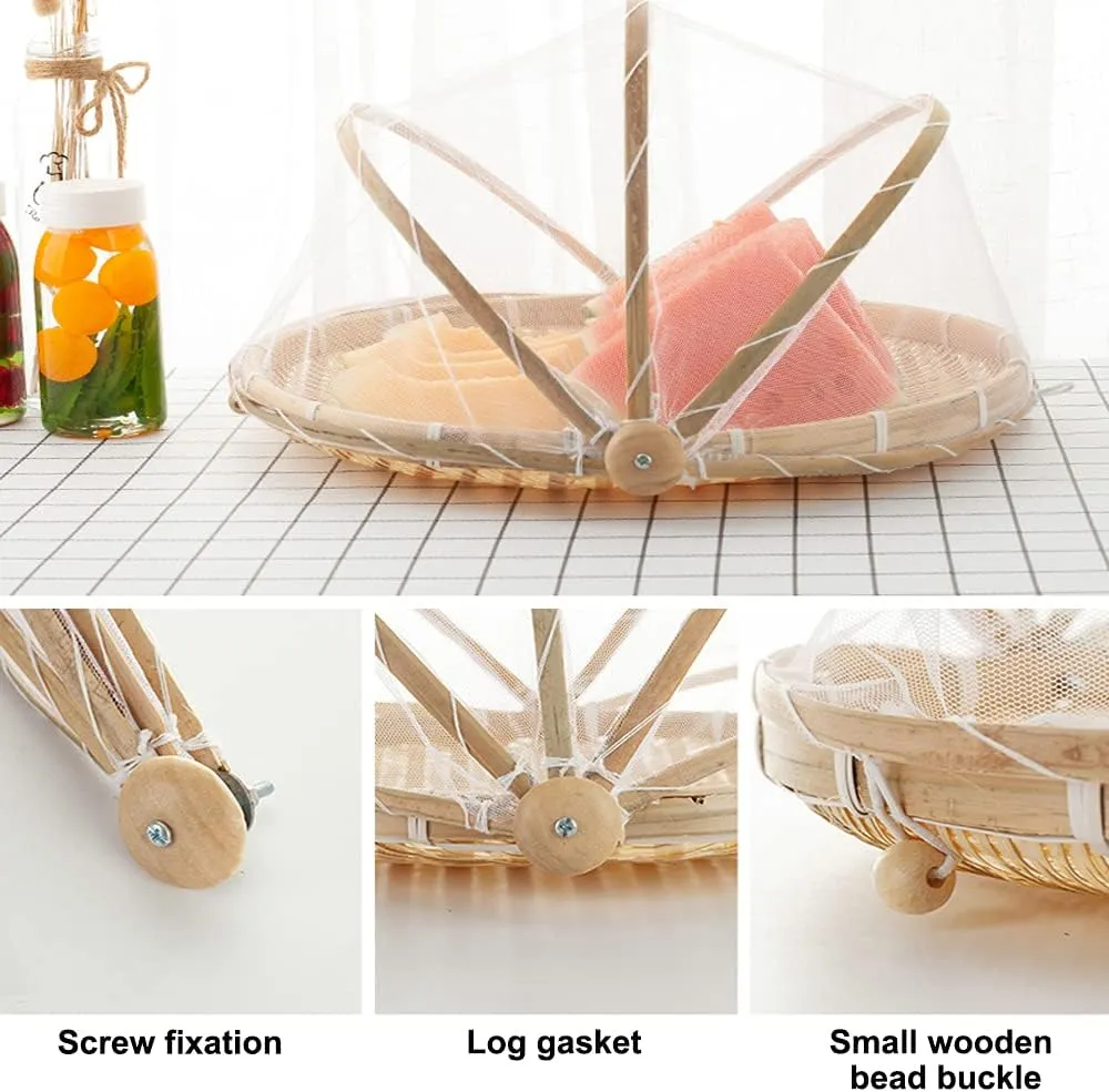 Bamboo Food Serving Tent Basket - Hand-Woven Dustproof Round Picnic Basket with Mesh Gauze Cover for Vegetables, Fruits, Bread & Home Food Storage