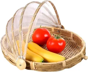 Bamboo Food Serving Tent Basket - Hand-Woven Dustproof Round Picnic Basket with Mesh Gauze Cover for Vegetables, Fruits, Bread & Home Food Storage