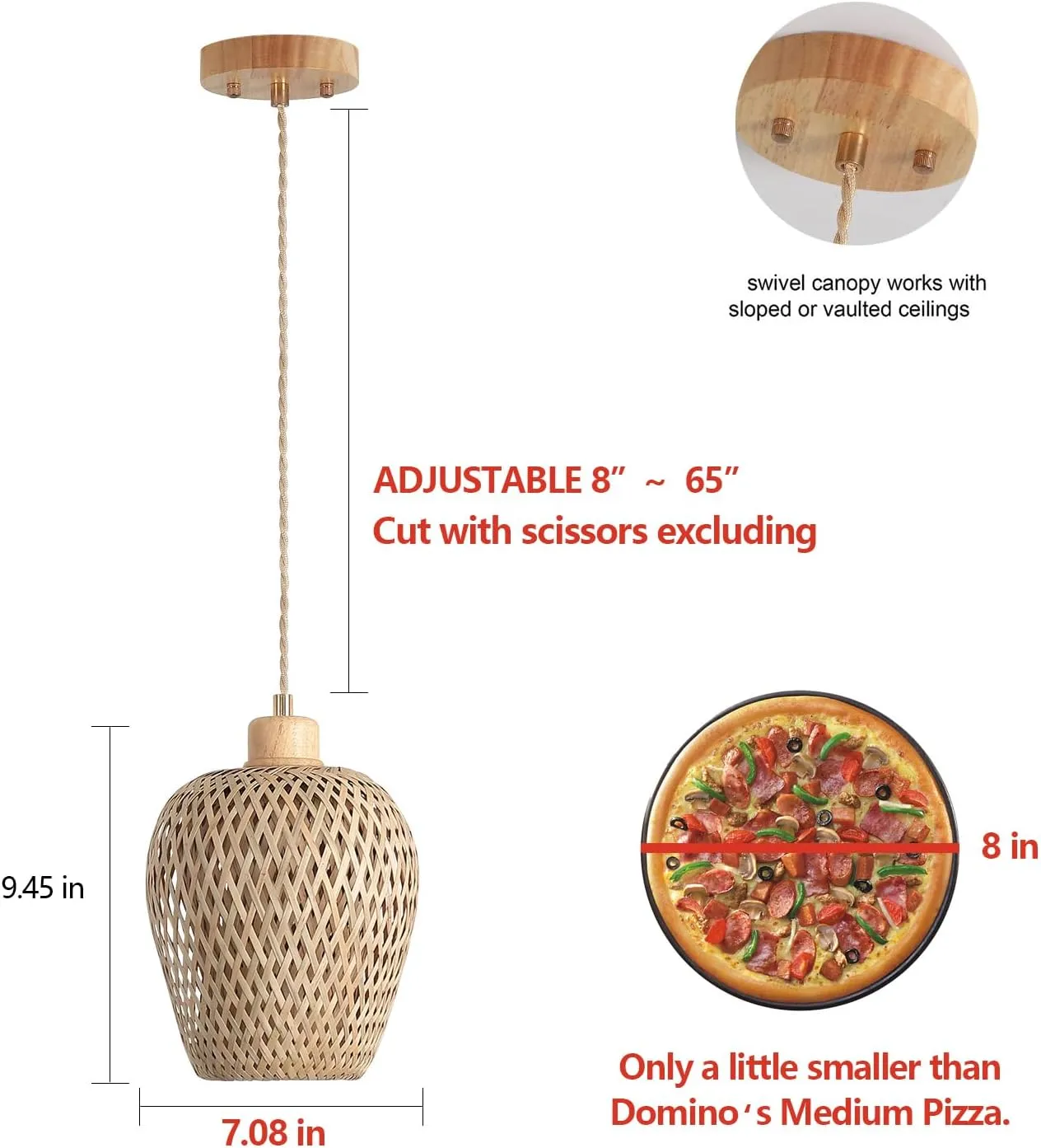 Bamboo Pendant Light Fixture One-Light Adjustable Boho Basket Handmade Woven Mini Pendant Lighting for Kitchen Island Sink Farmhouse Home