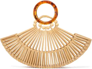 Bamboo Purses for Women Natural Bamboo Acrylic Handle Clutch Small Tote Elegant Evening Bag for Vacation Wedding Travel