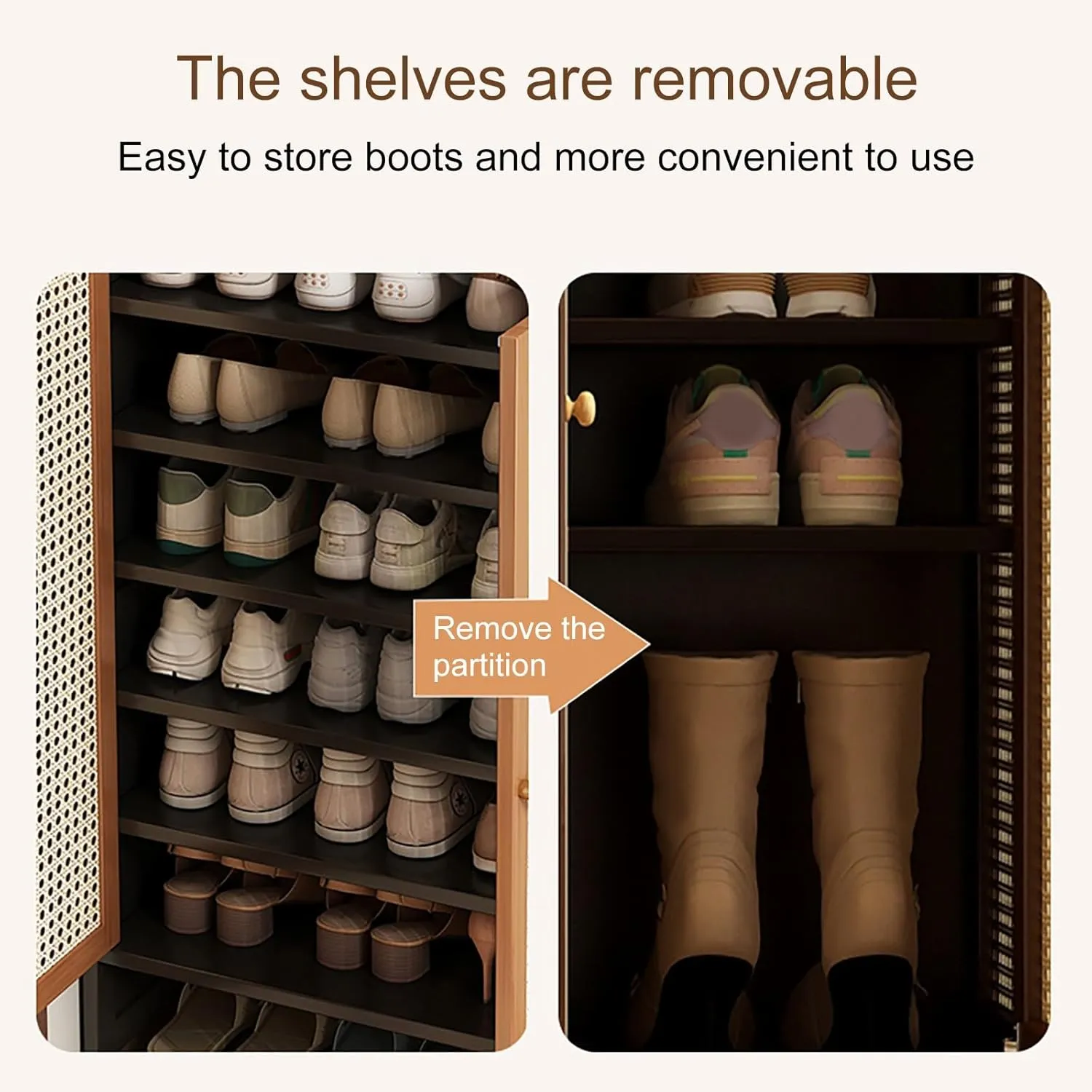 Bamboo Shoe Storage Cabinet, Freestanding Shoes Shelf Rack with Rattan Pattern Doors, Narrow Shoe Rack with Adjustable Shelves, for Entryway, Hallway, Closet, Living Room(120*107cm/47.2*42in)