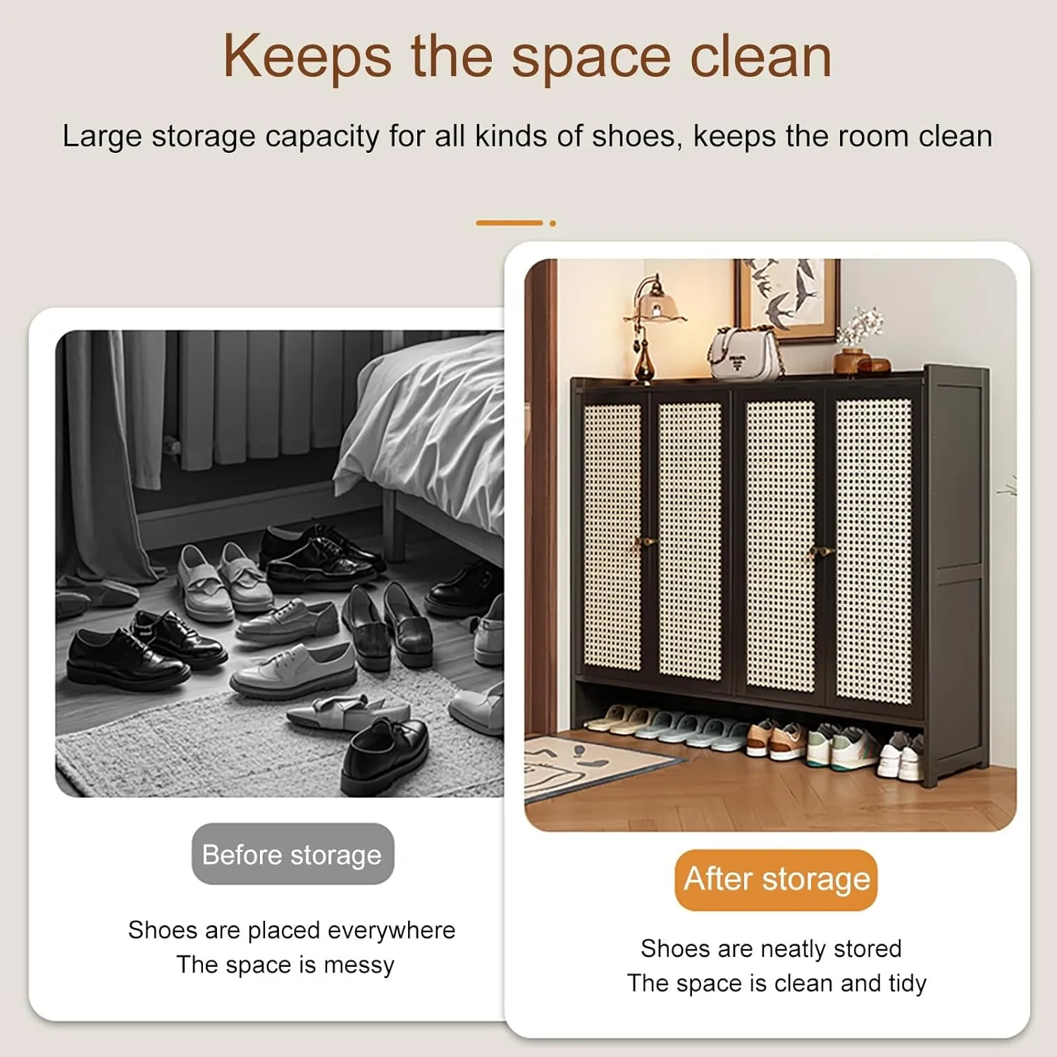 Bamboo Shoe Storage Cabinet, Freestanding Shoes Shelf Rack with Rattan Pattern Doors, Narrow Shoe Rack with Adjustable Shelves, for Entryway, Hallway, Closet, Living Room(120*107cm/47.2*42in)