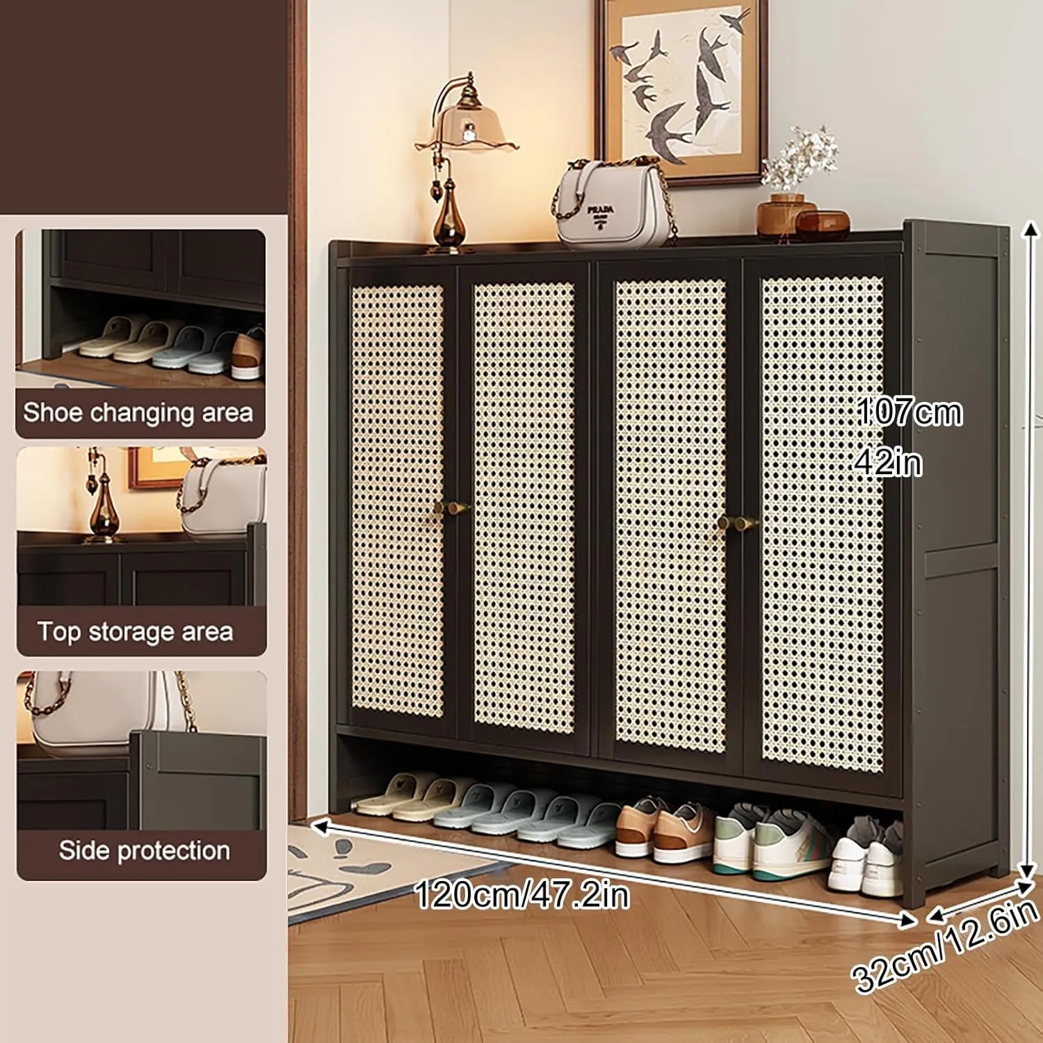 Bamboo Shoe Storage Cabinet, Freestanding Shoes Shelf Rack with Rattan Pattern Doors, Narrow Shoe Rack with Adjustable Shelves, for Entryway, Hallway, Closet, Living Room(120*107cm/47.2*42in)
