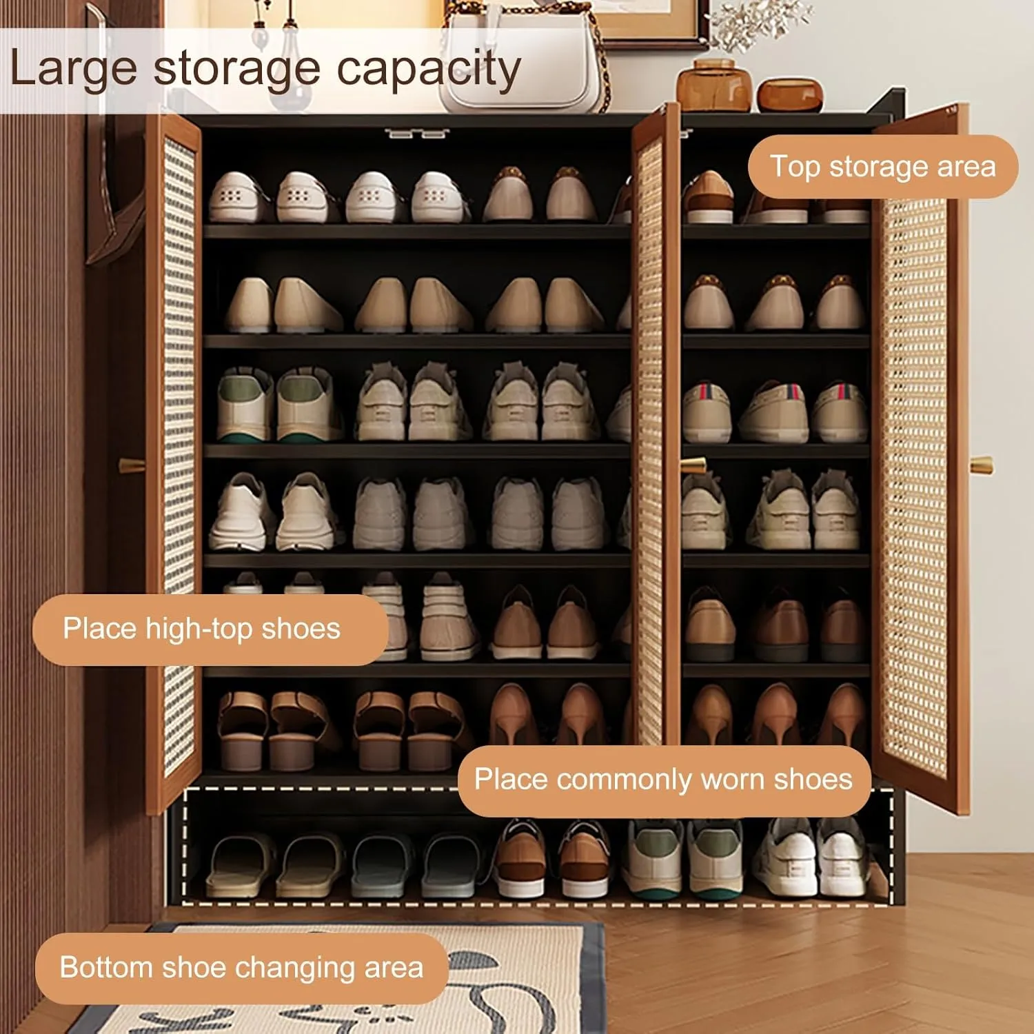 Bamboo Shoe Storage Cabinet, Freestanding Shoes Shelf Rack with Rattan Pattern Doors, Narrow Shoe Rack with Adjustable Shelves, for Entryway, Hallway, Closet, Living Room(120*107cm/47.2*42in)