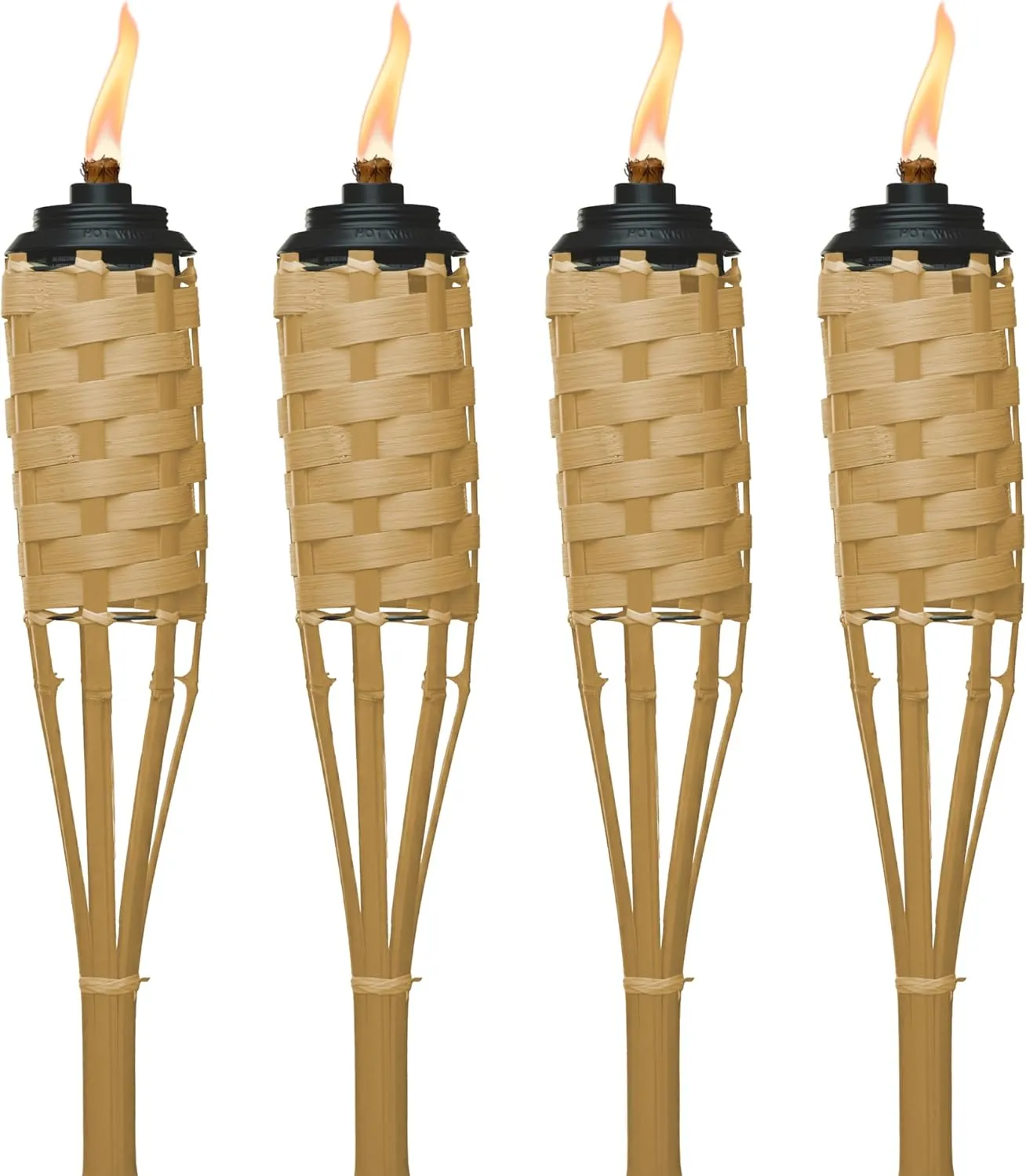 Bamboo Tiki Torches 4-Pack – Weather-Resistant Outdoor Décor with Easy-Pour Wide-Mouth Canister Refill for Patio, Garden, Backyard, and Parties, 57-Inch Citronella Torches