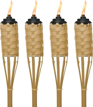 Bamboo Tiki Torches 4-Pack – Weather-Resistant Outdoor Décor with Easy-Pour Wide-Mouth Canister Refill for Patio, Garden, Backyard, and Parties, 57-Inch Citronella Torches