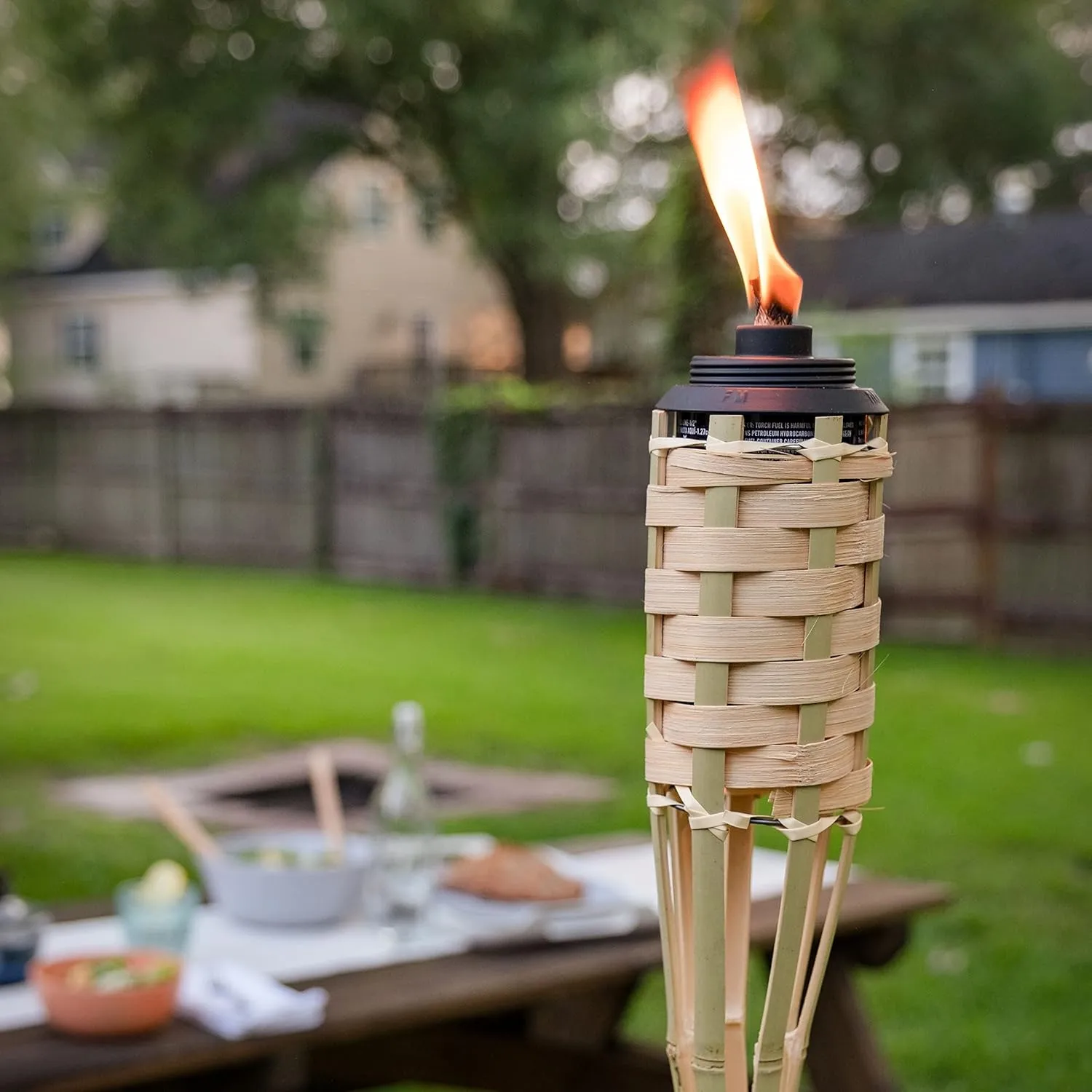 Bamboo Tiki Torches 4-Pack – Weather-Resistant Outdoor Décor with Easy-Pour Wide-Mouth Canister Refill for Patio, Garden, Backyard, and Parties, 57-Inch Citronella Torches