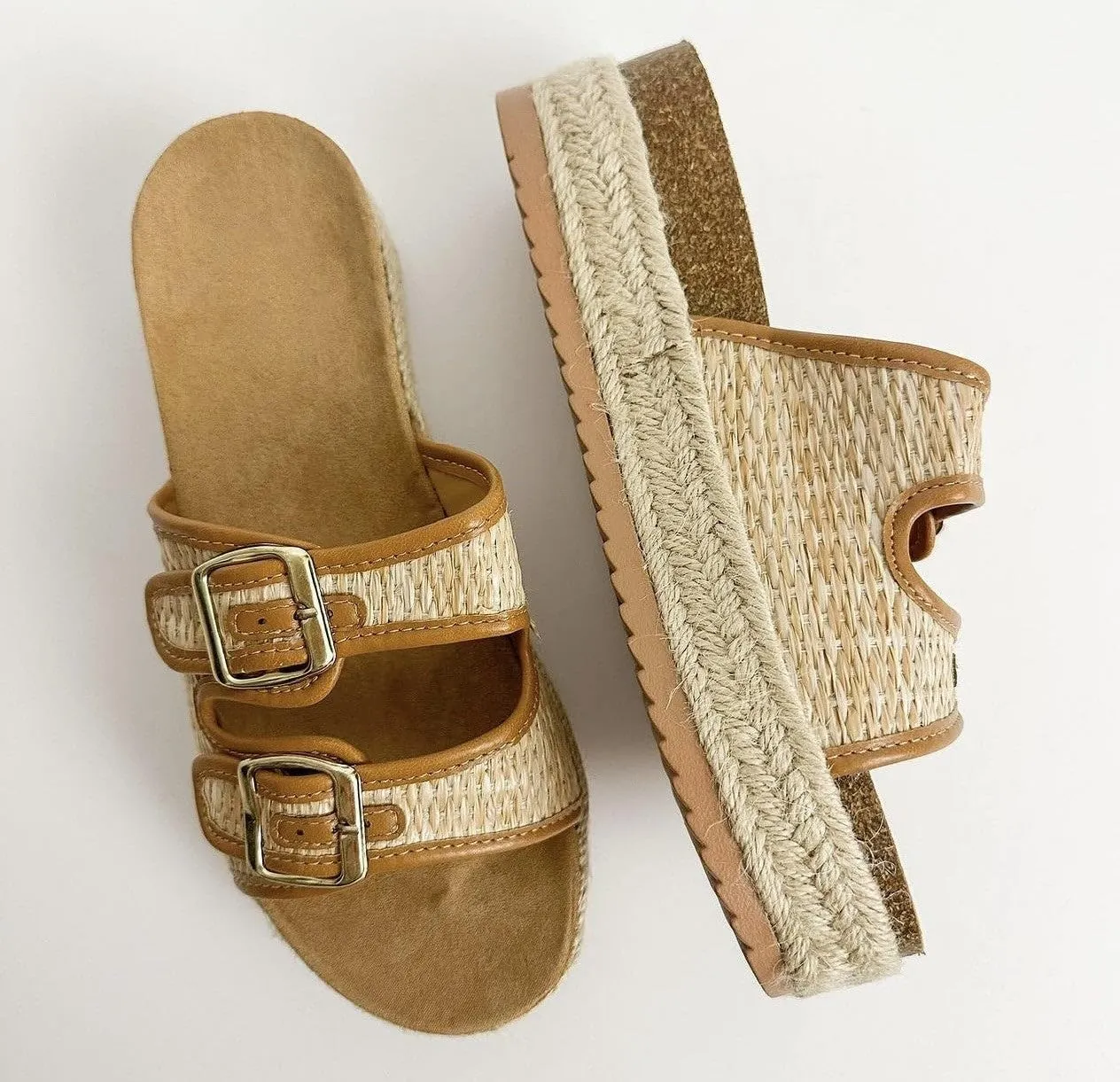 BAMBOO Women Round Toe Double Buckle Strap Slip-On Platform Sandal Embroidered Platform Sandals