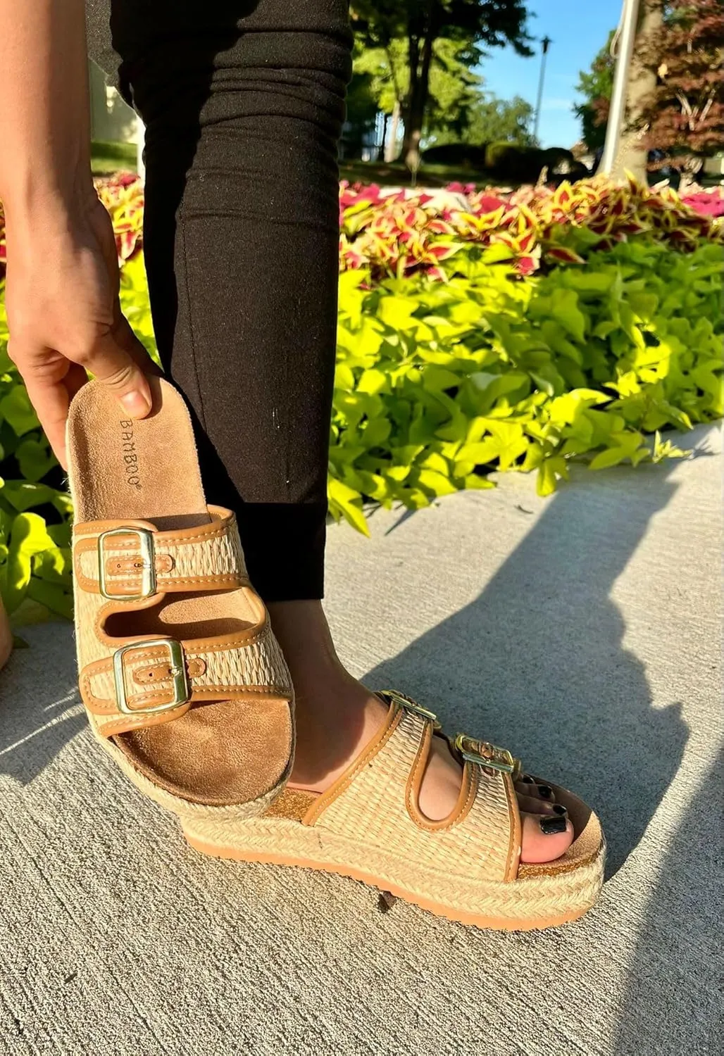 BAMBOO Women Round Toe Double Buckle Strap Slip-On Platform Sandal Embroidered Platform Sandals