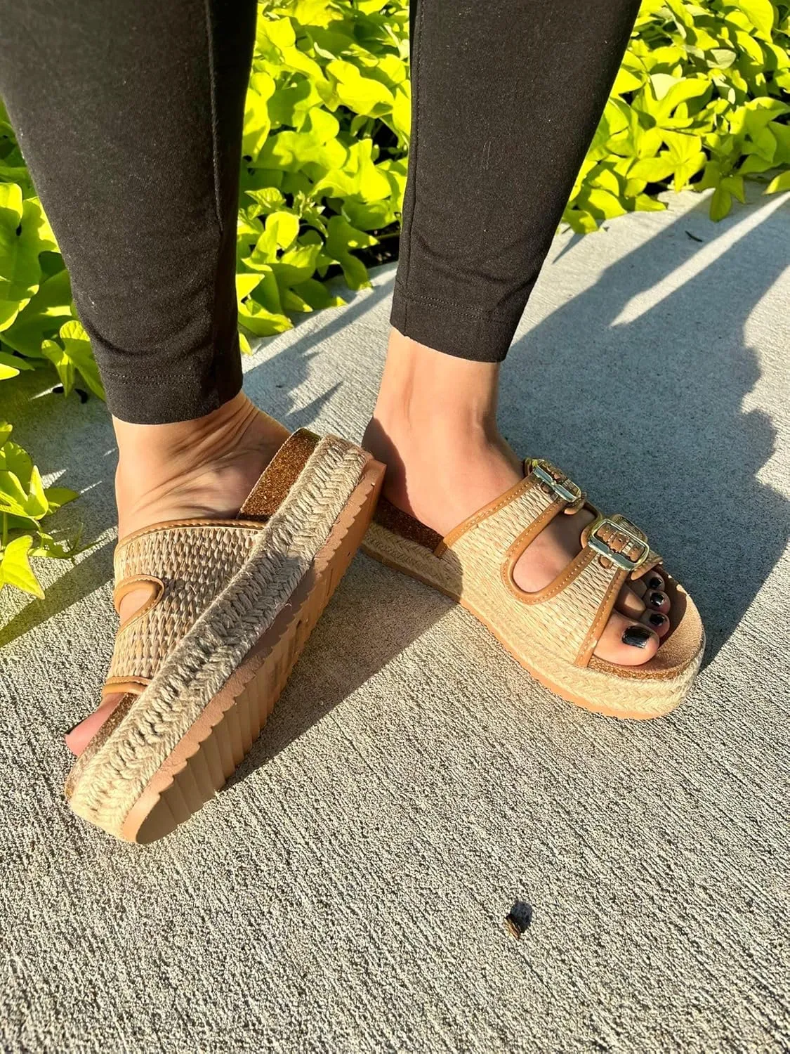 BAMBOO Women Round Toe Double Buckle Strap Slip-On Platform Sandal Embroidered Platform Sandals