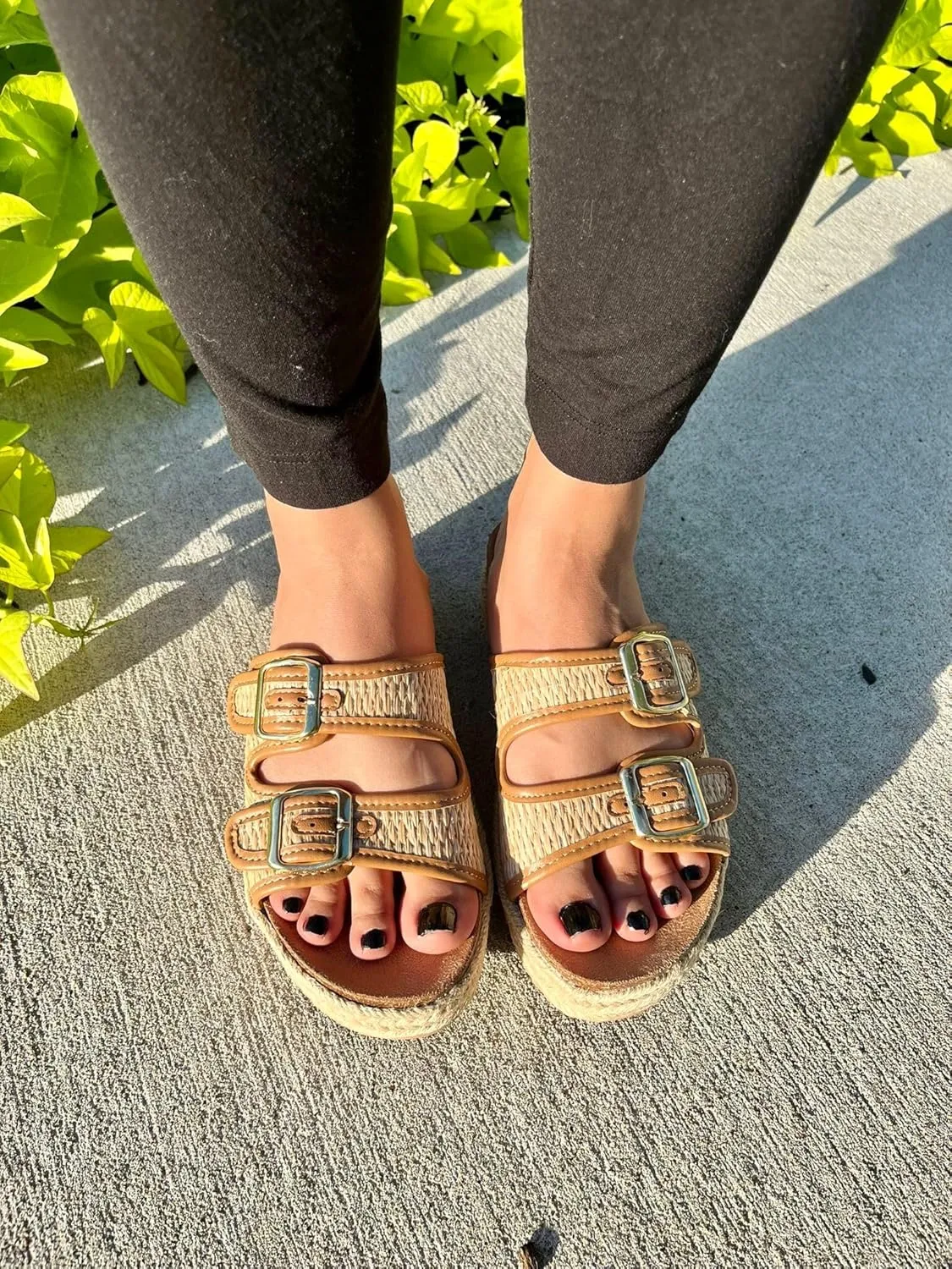 BAMBOO Women Round Toe Double Buckle Strap Slip-On Platform Sandal Embroidered Platform Sandals