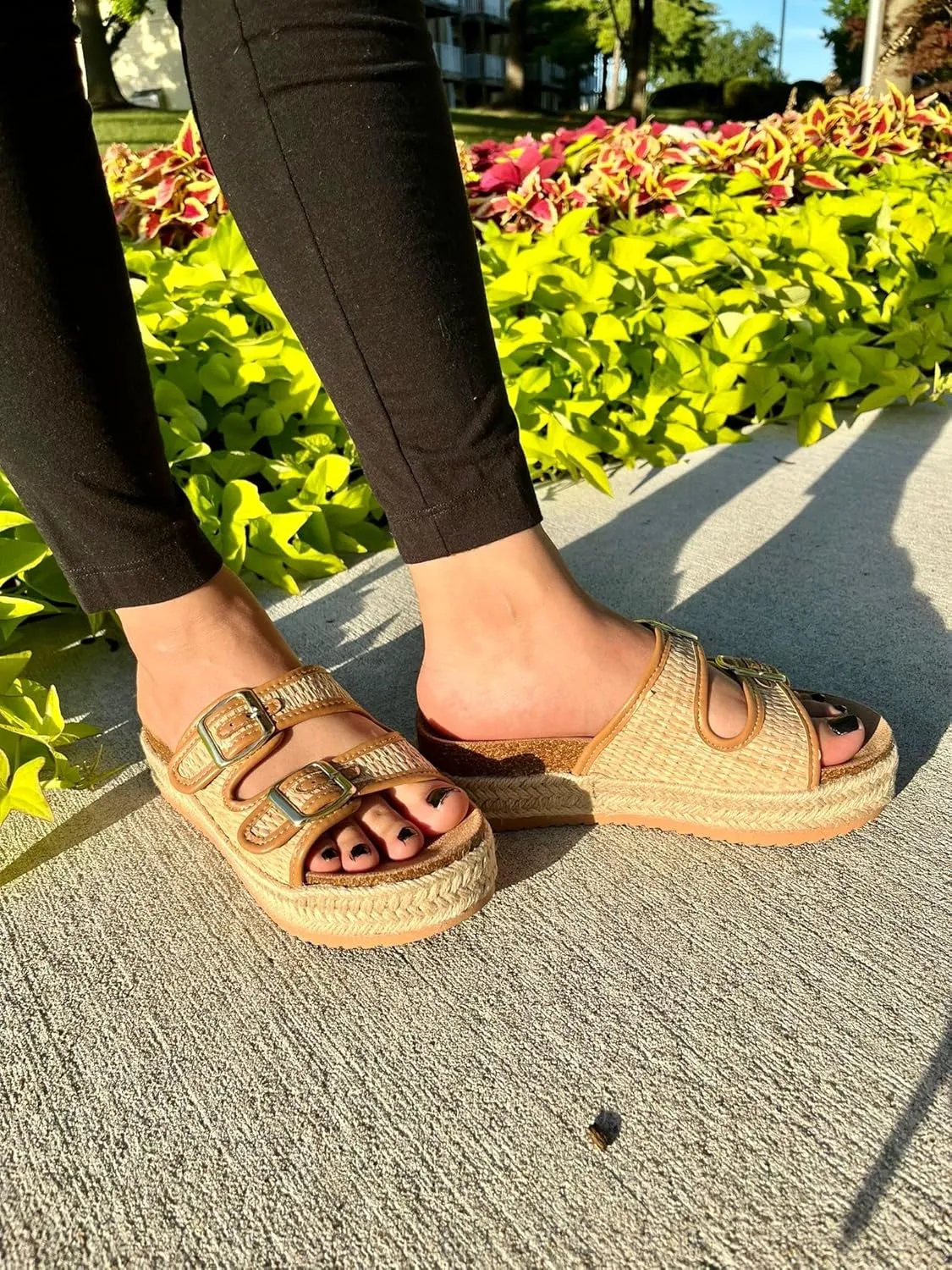 BAMBOO Women Round Toe Double Buckle Strap Slip-On Platform Sandal Embroidered Platform Sandals
