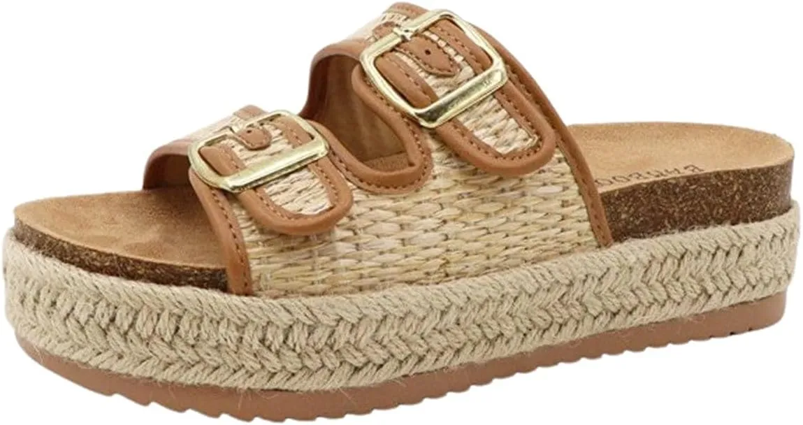 BAMBOO Women Round Toe Double Buckle Strap Slip-On Platform Sandal Embroidered Platform Sandals