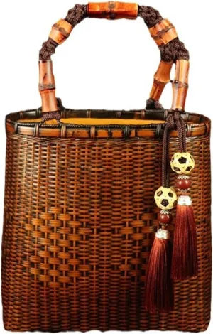 Bamboo Woven Bag Bamboo Tote Bag Women's Storage Bag Vintage Bamboo Basket Beach Vacation Bag