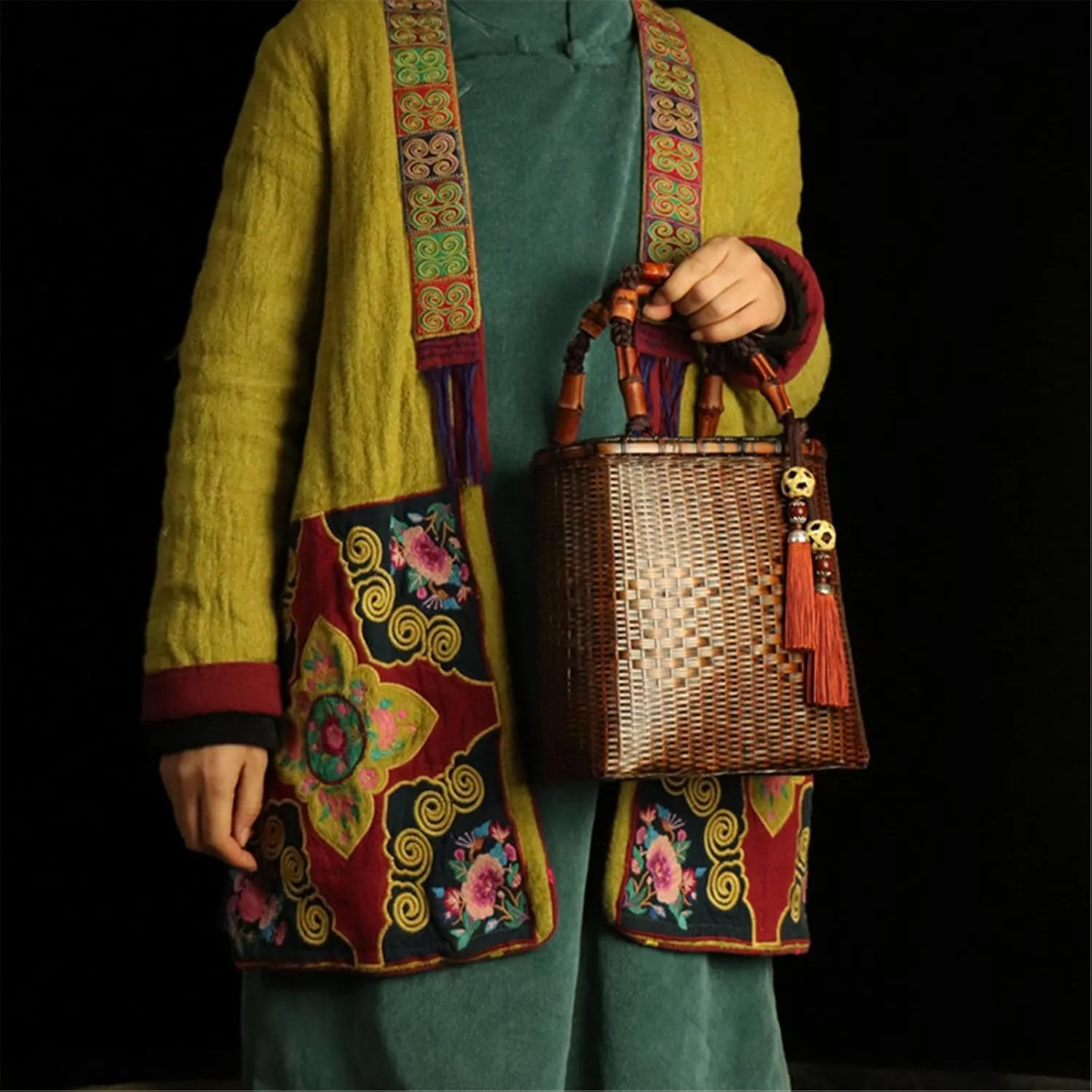 Bamboo Woven Bag Bamboo Tote Bag Women's Storage Bag Vintage Bamboo Basket Beach Vacation Bag