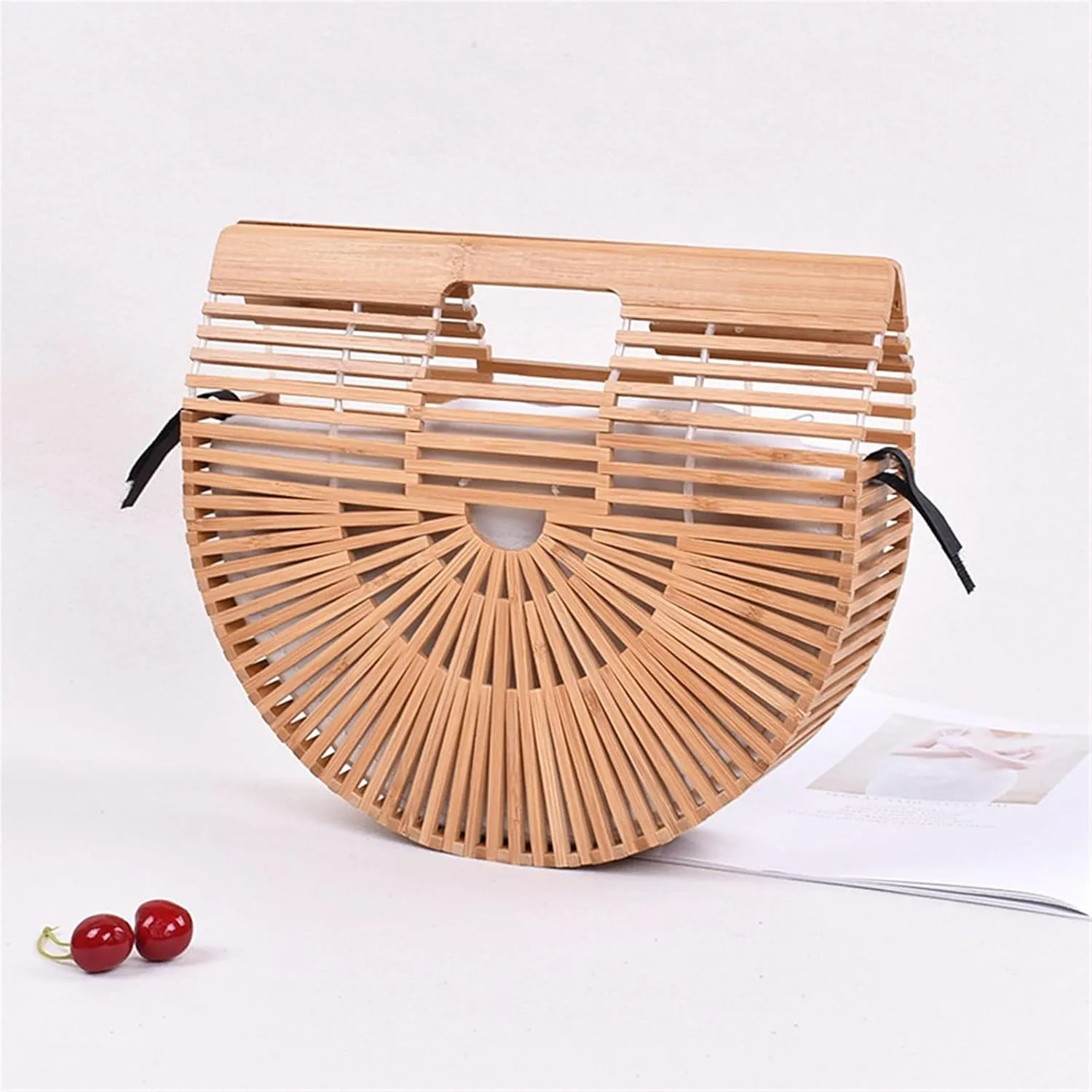 Bamboo Woven Bag Bamboo Woven Bag Women's Handheld Beach Bag Basket Bag Beach Vacation Bag
