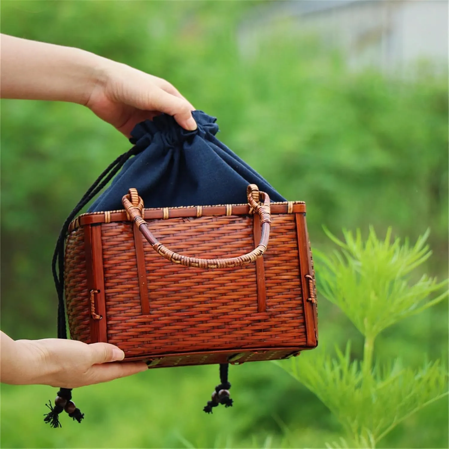 Bamboo Woven Bag Tea Set Storage Box Bamboo Bag Handbag Female Rattan Straw Bag Beach Vacation Bag
