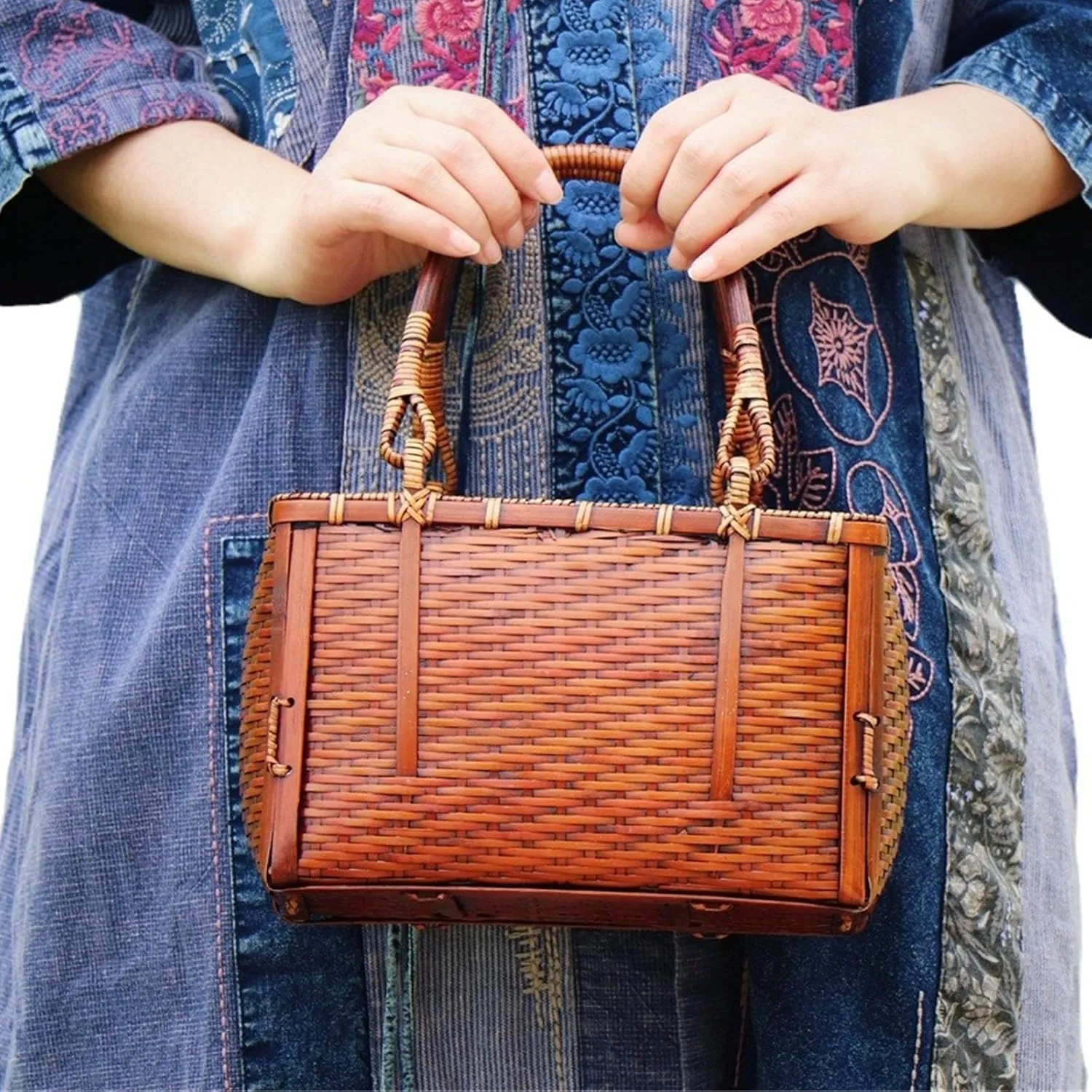 Bamboo Woven Bag Tea Set Storage Box Bamboo Bag Handbag Female Rattan Straw Bag Beach Vacation Bag