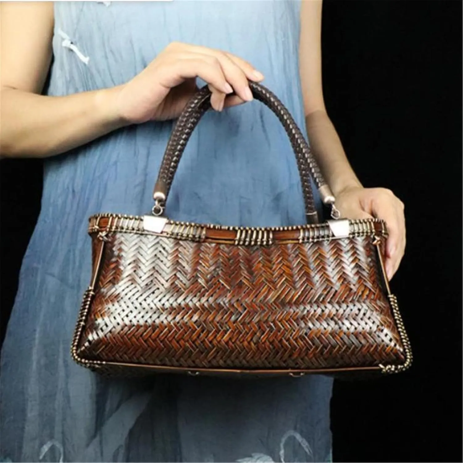 Bamboo Woven Bag Vintage Bamboo Bags Handbags Tea Set Storage Tote Tea Bag Beach Vacation Bag