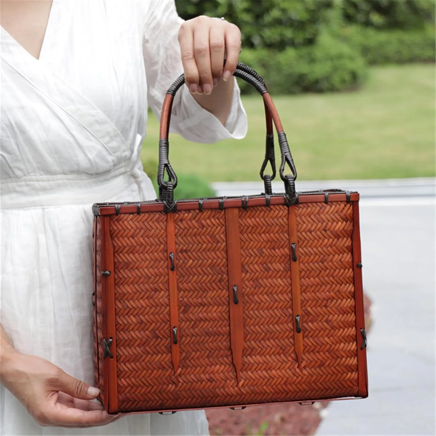 Bamboo Woven Bag Woven Bag Women's Basket Woven Basket Handheld Bag Beach Vacation Bag