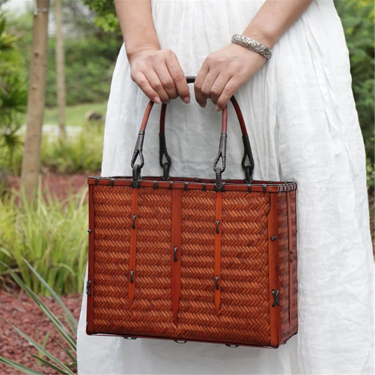 Bamboo Woven Bag Woven Bag Women's Basket Woven Basket Handheld Bag Beach Vacation Bag