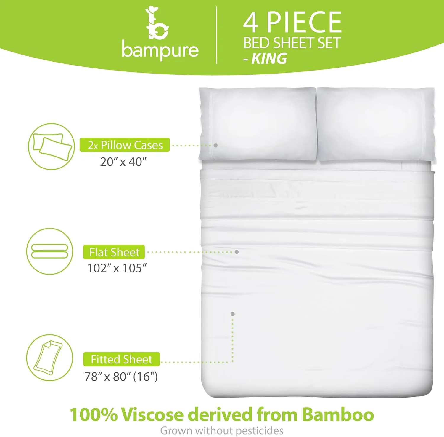 BAMPURE Luxury Series King Sheet Set - 100% Viscose derived from Bamboo Sheets King Size - Super Soft Viscose Bamboo Cooling Sheets for Hot Sleepers -Up to 16’’ Deep Pocket King Sheet Set (White)