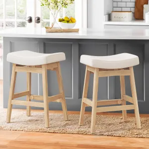 Bar Stools Set of 2, Barstools with Sturdy Wood Legs, Saddle Seat Counter Height Bar Stools for Kitchen Counter, Bar, Dining, 24 Inch Farmhouse Counter Stools, Beige Fabric