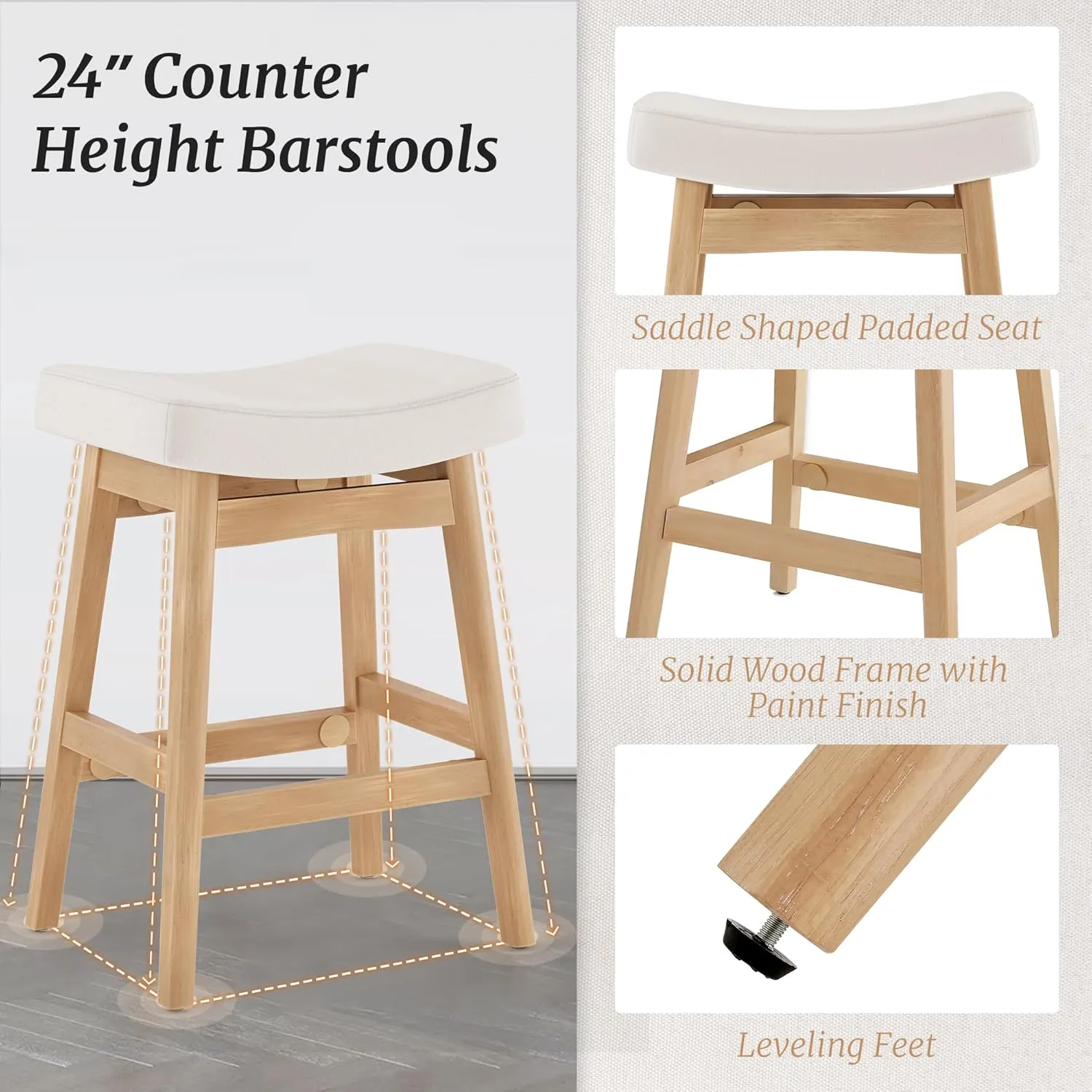 Bar Stools Set of 2, Barstools with Sturdy Wood Legs, Saddle Seat Counter Height Bar Stools for Kitchen Counter, Bar, Dining, 24 Inch Farmhouse Counter Stools, Beige Fabric