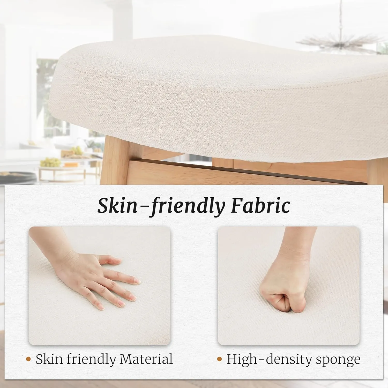 Bar Stools Set of 2, Barstools with Sturdy Wood Legs, Saddle Seat Counter Height Bar Stools for Kitchen Counter, Bar, Dining, 24 Inch Farmhouse Counter Stools, Beige Fabric