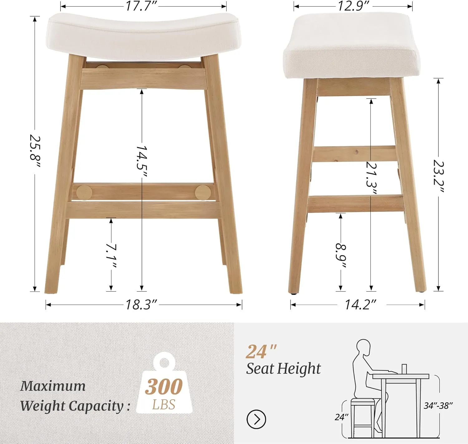 Bar Stools Set of 2, Barstools with Sturdy Wood Legs, Saddle Seat Counter Height Bar Stools for Kitchen Counter, Bar, Dining, 24 Inch Farmhouse Counter Stools, Beige Fabric