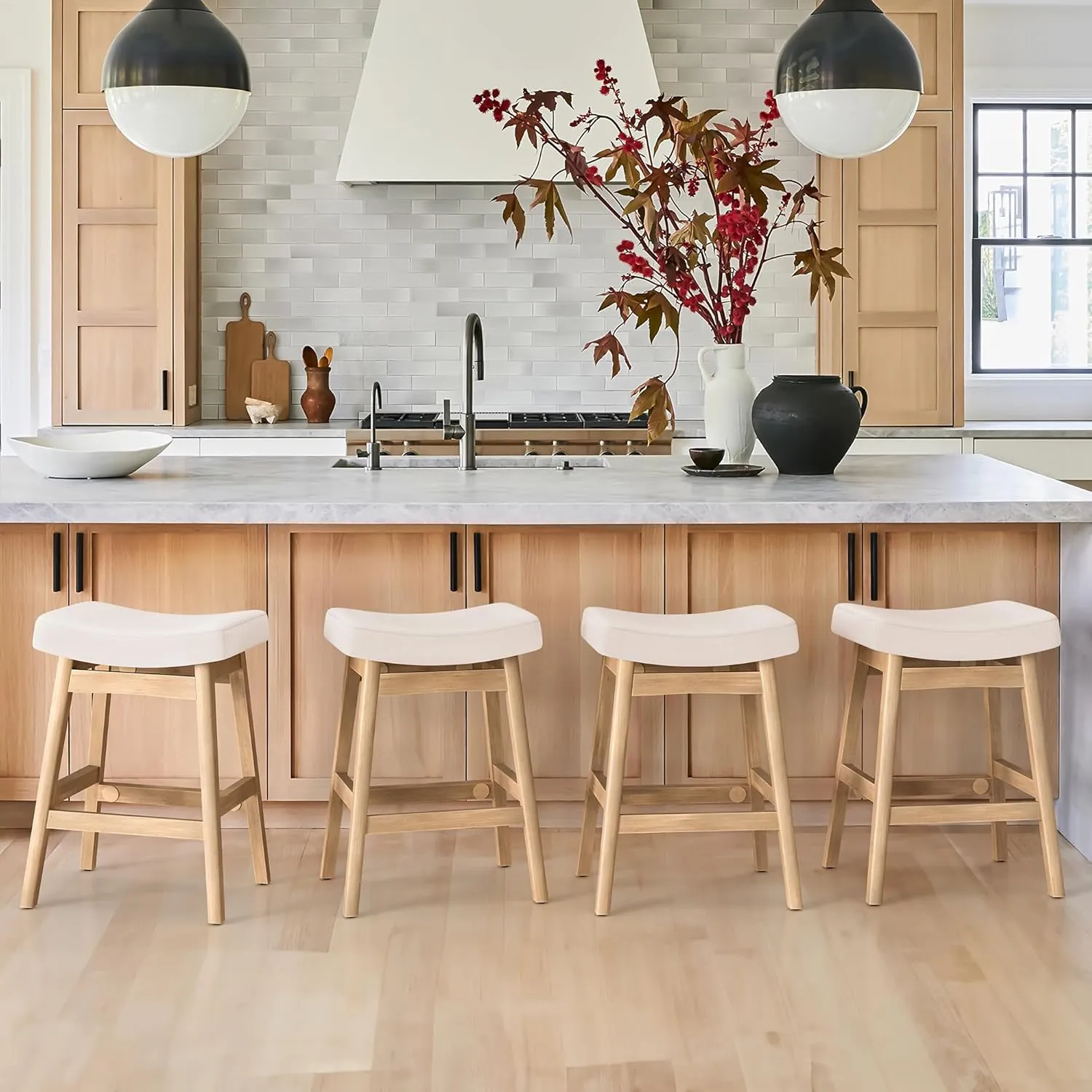 Bar Stools Set of 2, Barstools with Sturdy Wood Legs, Saddle Seat Counter Height Bar Stools for Kitchen Counter, Bar, Dining, 24 Inch Farmhouse Counter Stools, Beige Fabric