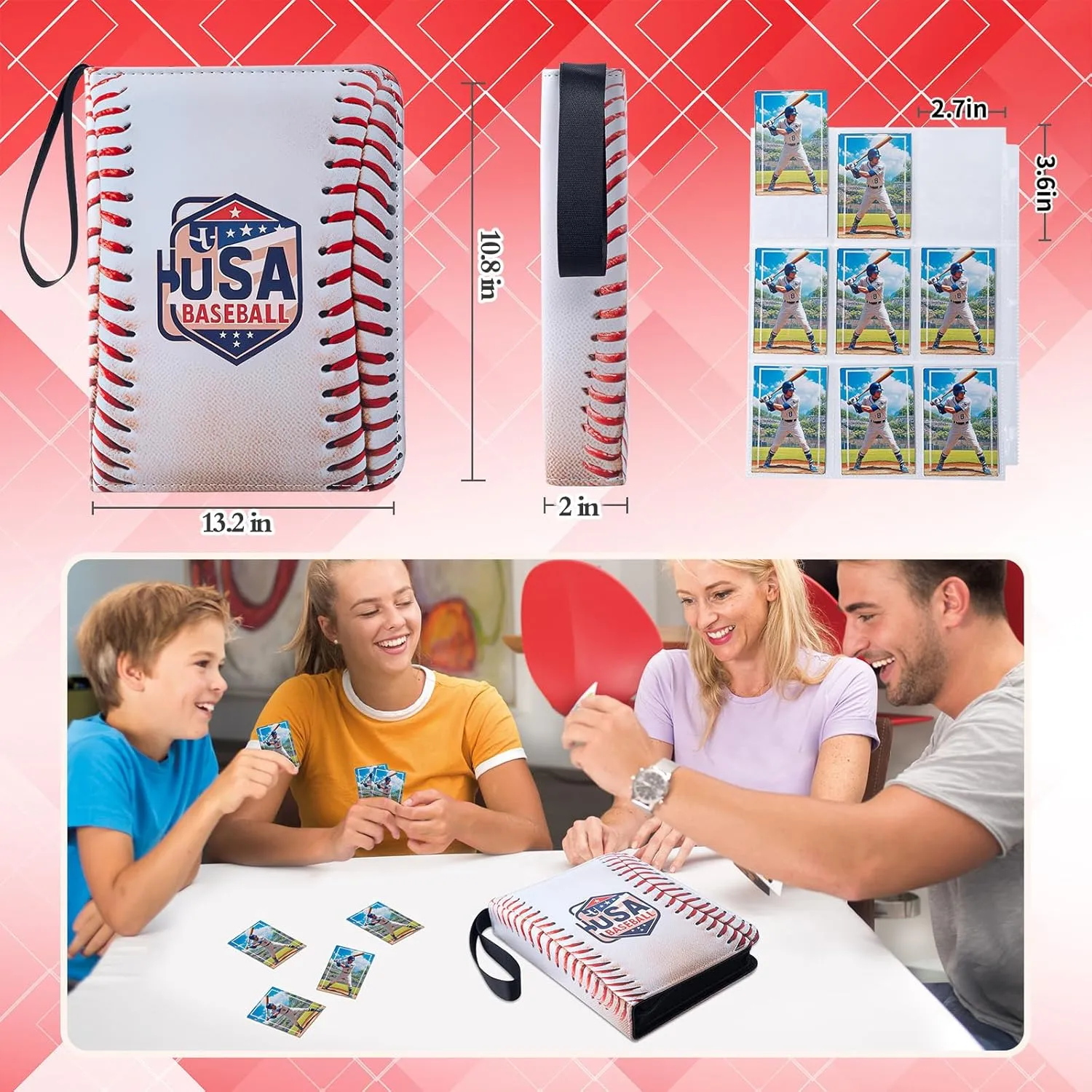 Baseball Card Binder,9 Pocket Sports Card Binder with 50 Removable Sleeves Can Hold 900 Cards,3-Ring Zipper Baseball Card Album for Standard Size Cards,Game Cards, Sports Cards 2024