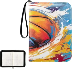 Basketball Painting Collectible Trading Card Albums, Waterproof PU Card Collection Binder Fits 400 Cards with Removable Sleeves for Baseball Card, Football Card