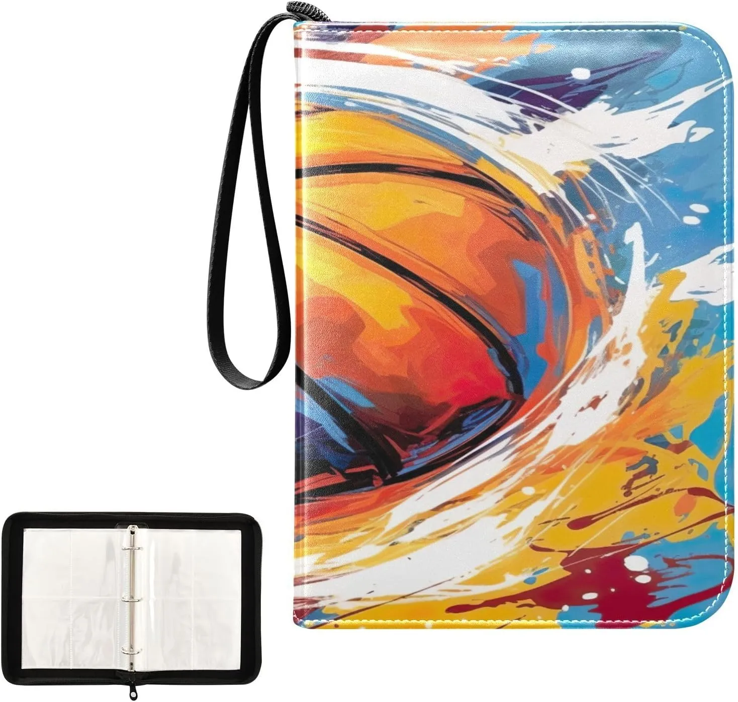 Basketball Painting Collectible Trading Card Albums, Waterproof PU Card Collection Binder Fits 400 Cards with Removable Sleeves for Baseball Card, Football Card
