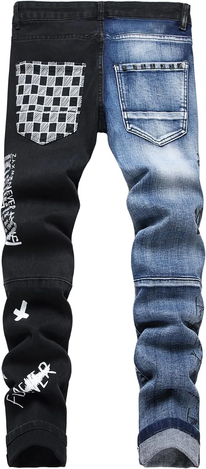 Baylvn Men's Designer Straight Slim Fit Patchwork Jeans Comfort Skinny Biker Denim Pants