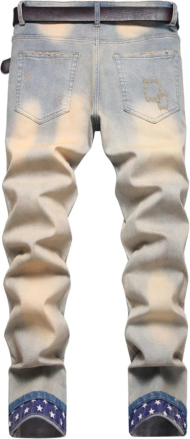 Baylvn Men's Designer Straight Slim Fit Patchwork Jeans Comfort Skinny Biker Denim Pants