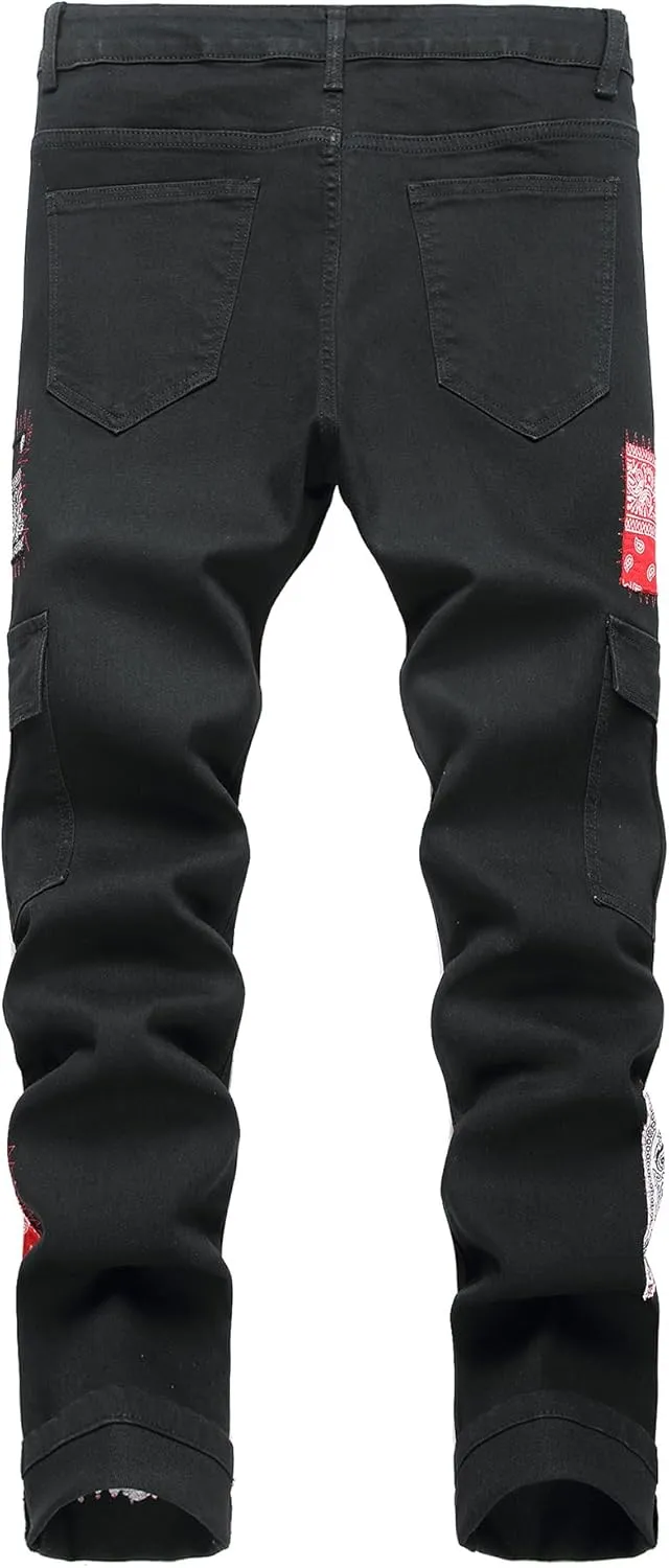Baylvn Men's Designer Straight Slim Fit Patchwork Jeans Comfort Skinny Biker Denim Pants