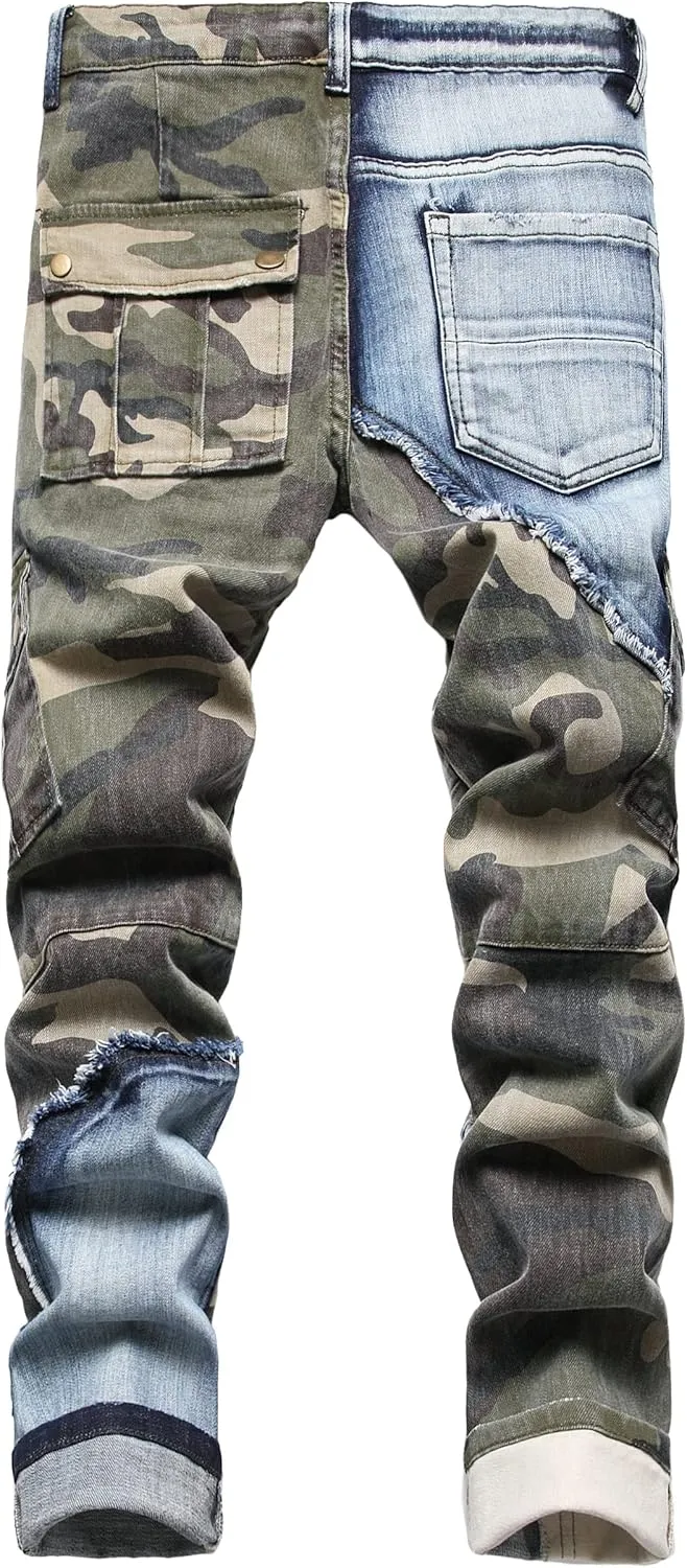 Baylvn Men's Designer Straight Slim Fit Patchwork Jeans Comfort Skinny Biker Denim Pants