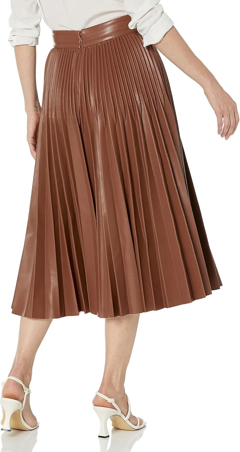 BCBGMAXAZRIA Women's Faux Leather Pleated Skirt with Back Zipper