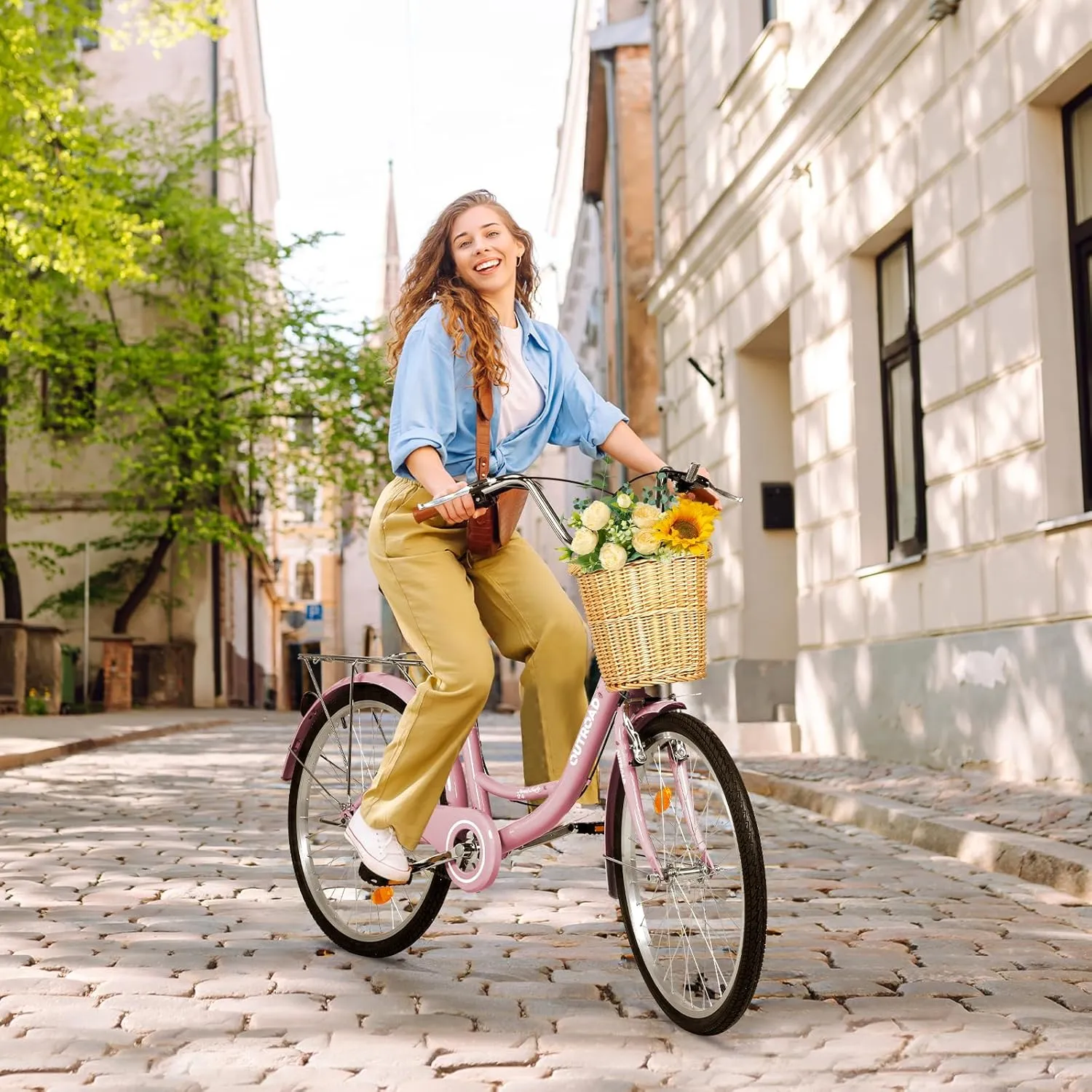 Beach Cruiser Bike for Adult, Womens Bicycle with Rattan Front Basket, 24 & 26 Inch Comfort Bikes with Adjustable Seat and Dual V-Brake (Pink & White & Green & Purple & Black)